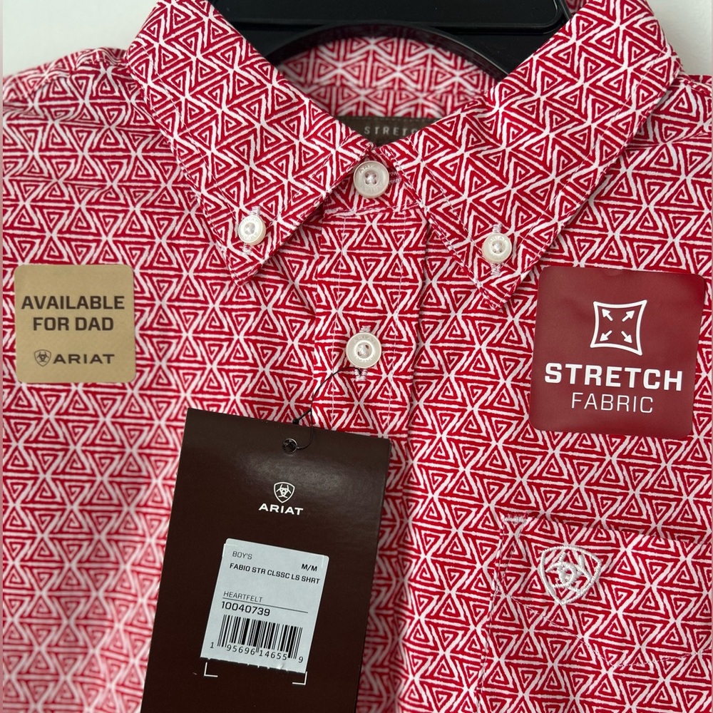Ariat Boy’s Long Sleeve Button Down Red Geometric Classic Fit Shirt New-Sz.10/12 - Picture 4 of 10